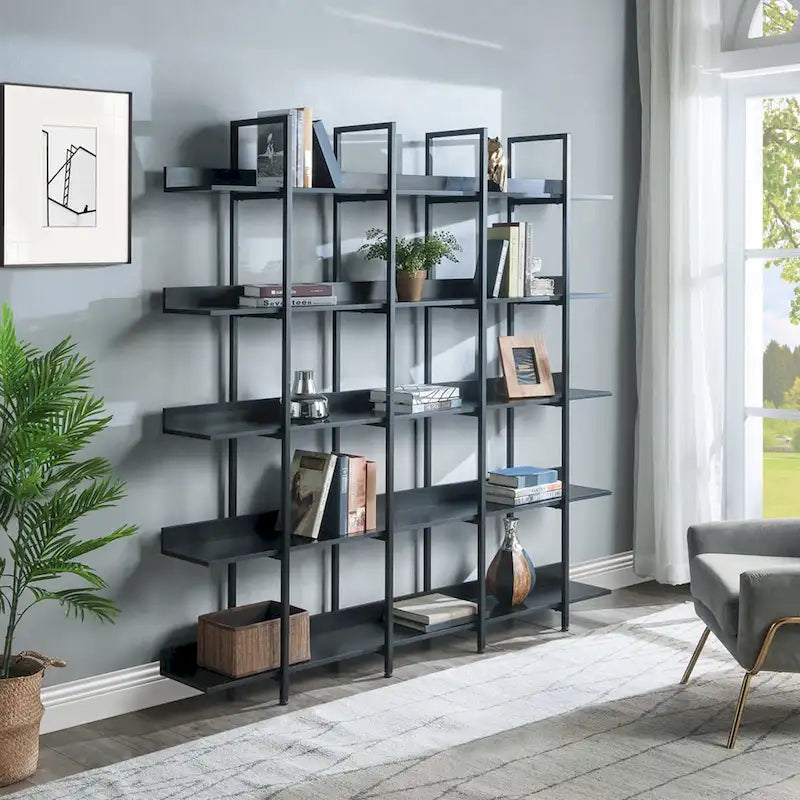 5-Tier Open Bookshelf with Metal Frame, Brown / White / Black