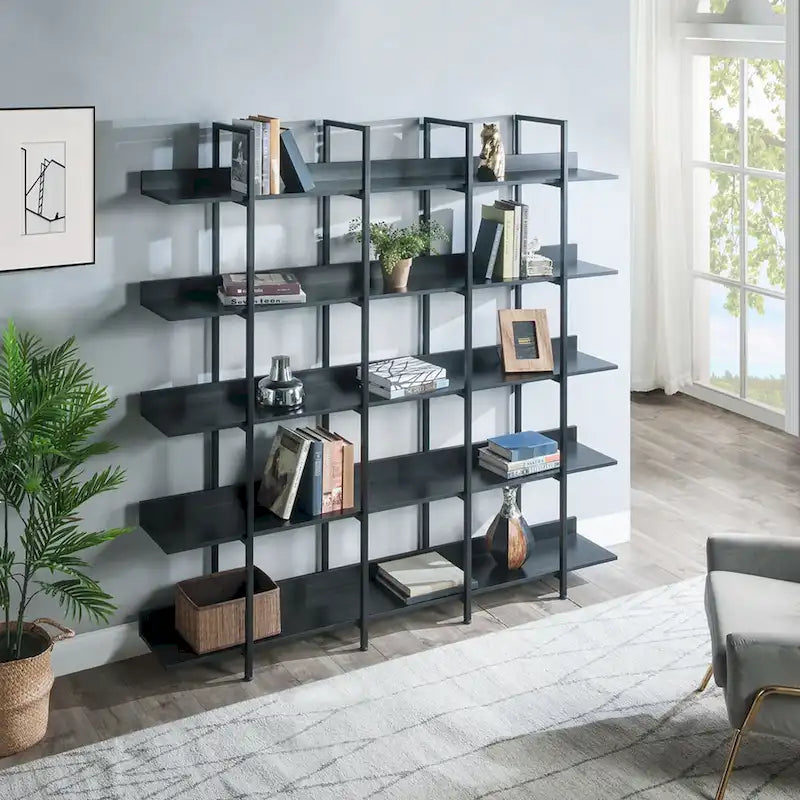 5-Tier Open Bookshelf with Metal Frame, Brown / White / Black