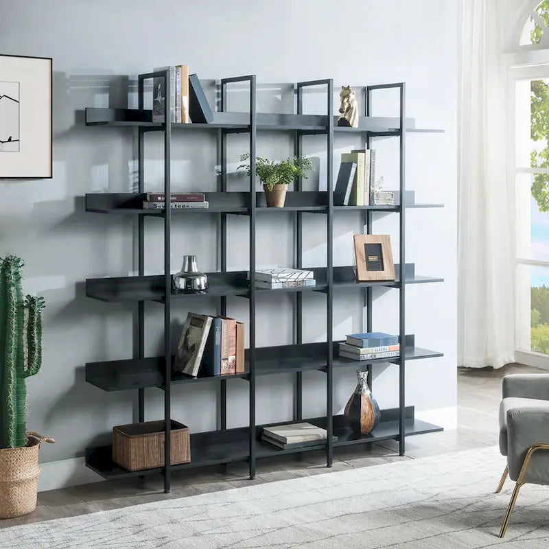 5-Tier Open Bookshelf with Metal Frame, Brown / White / Black