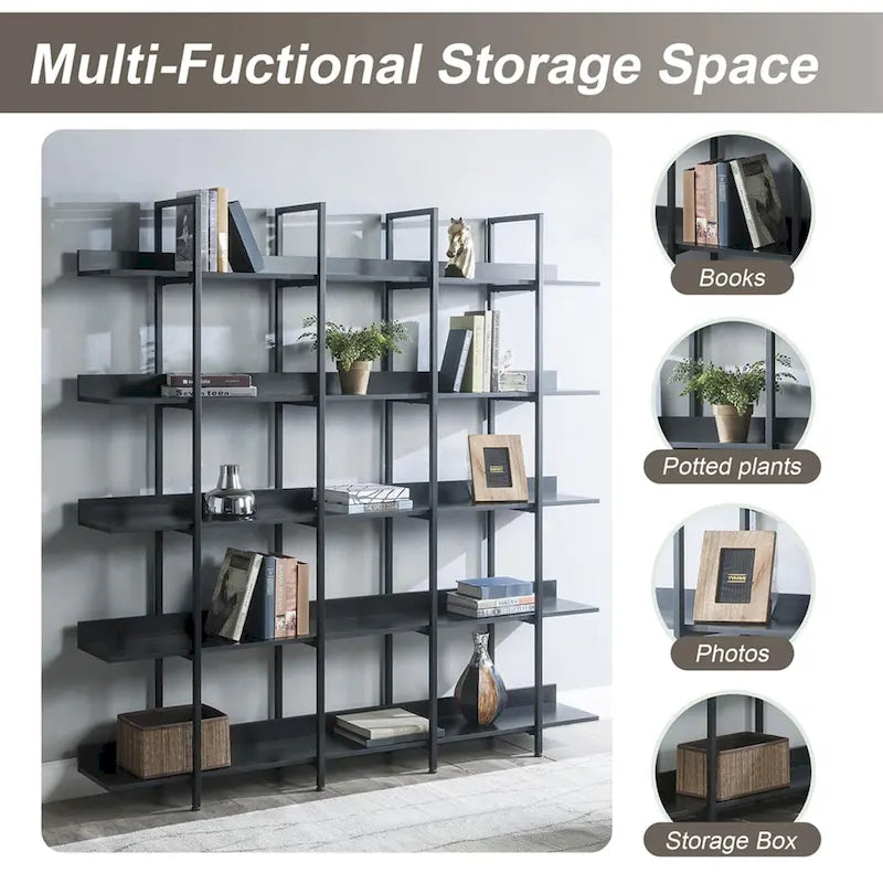 5-Tier Open Bookshelf with Metal Frame, Brown / White / Black