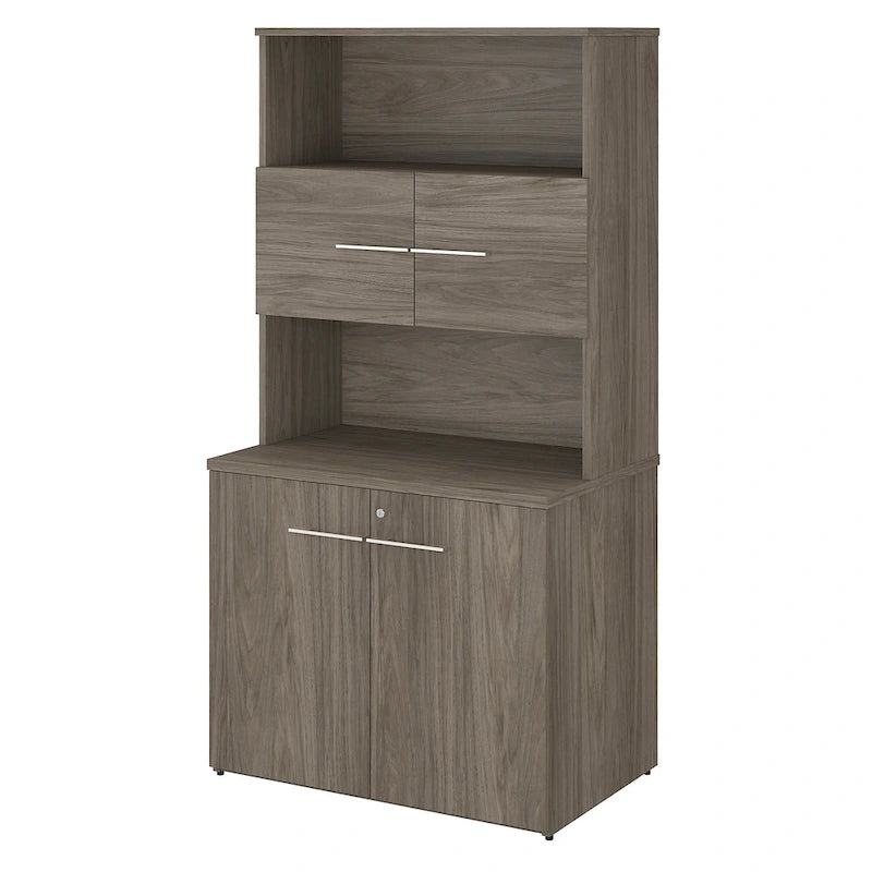 Tall Storage Cabinet with Doors Open Shelves Storm Gray Wood