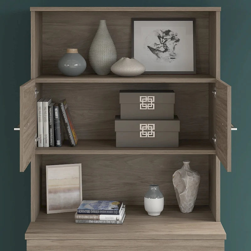 Tall Storage Cabinet with Doors Open Shelves Storm Gray Wood