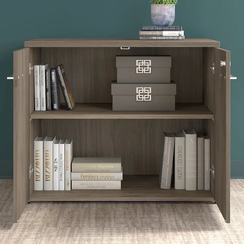 Tall Storage Cabinet with Doors Open Shelves Storm Gray Wood