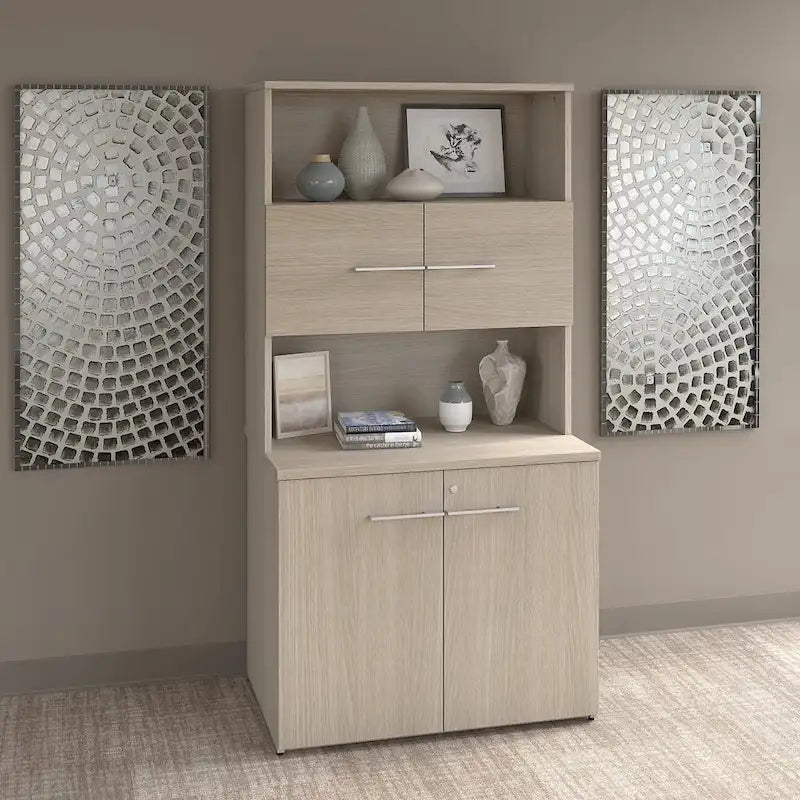 Tall Storage Cabinet with Doors Open Shelves Storm Gray Wood