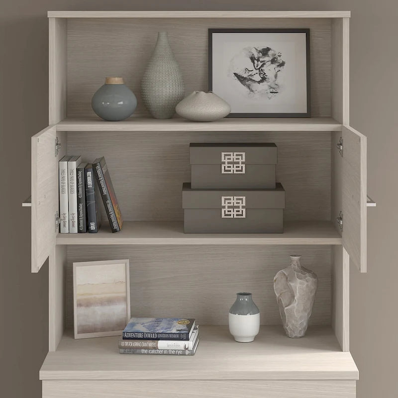 Tall Storage Cabinet with Doors Open Shelves Storm Gray Wood