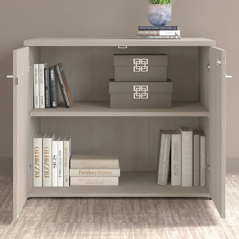 Tall Storage Cabinet with Doors Open Shelves Storm Gray Wood