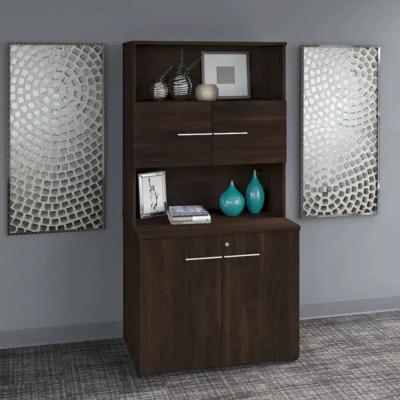 Tall Storage Cabinet with Doors Open Shelves Storm Gray Wood