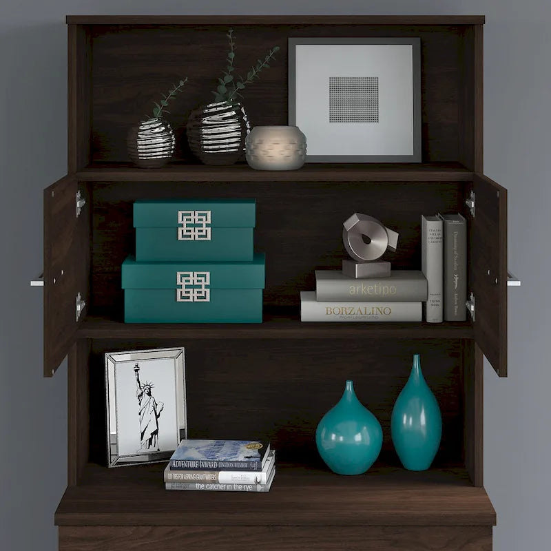 Tall Storage Cabinet with Doors Open Shelves Storm Gray Wood
