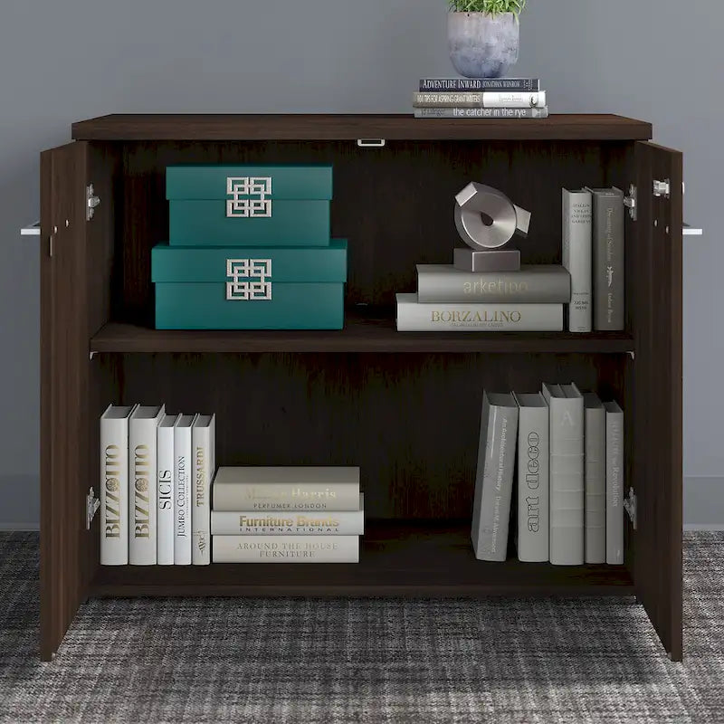 Tall Storage Cabinet with Doors Open Shelves Storm Gray Wood