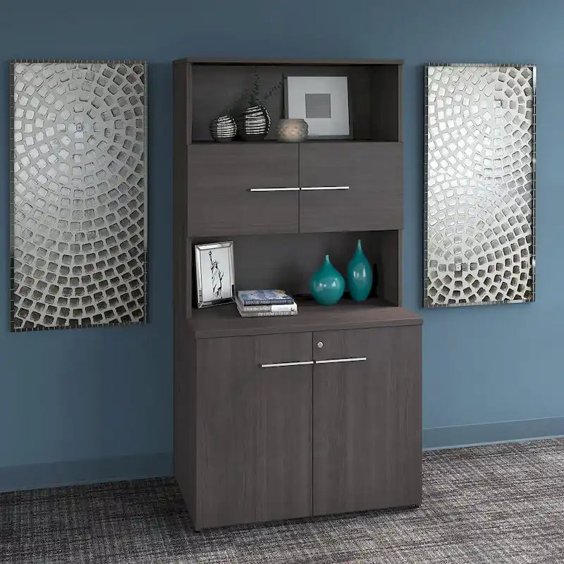 Tall Storage Cabinet with Doors Open Shelves Storm Gray Wood