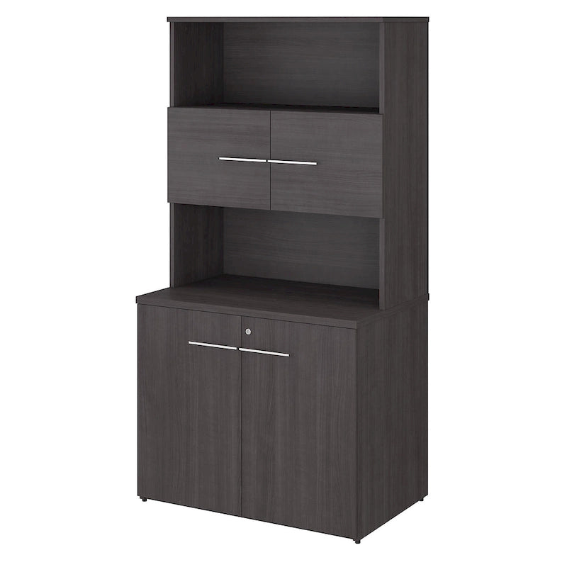 Tall Storage Cabinet with Doors Open Shelves Storm Gray Wood
