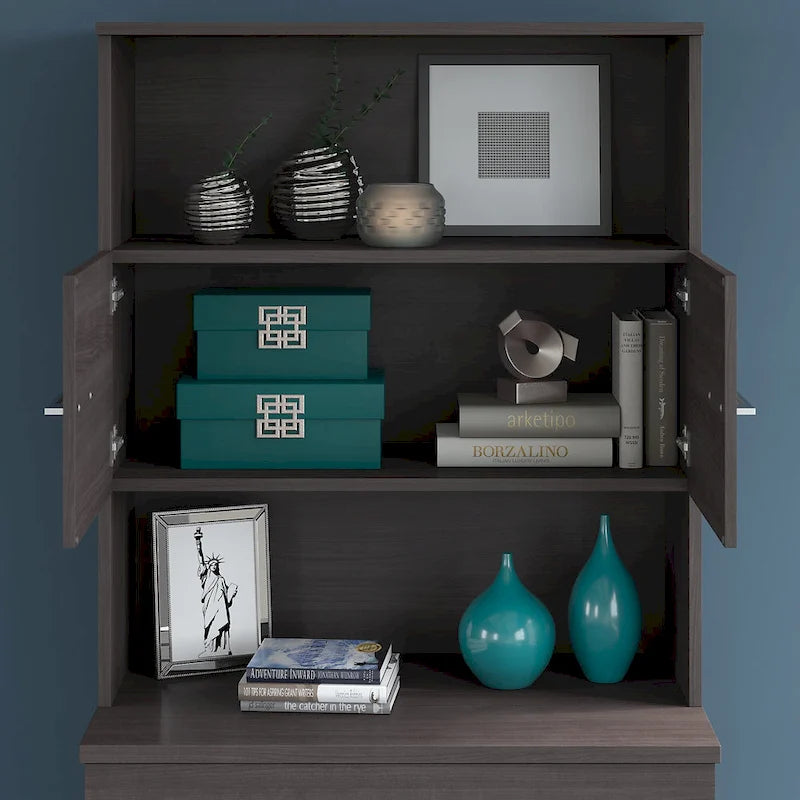 Tall Storage Cabinet with Doors Open Shelves Storm Gray Wood