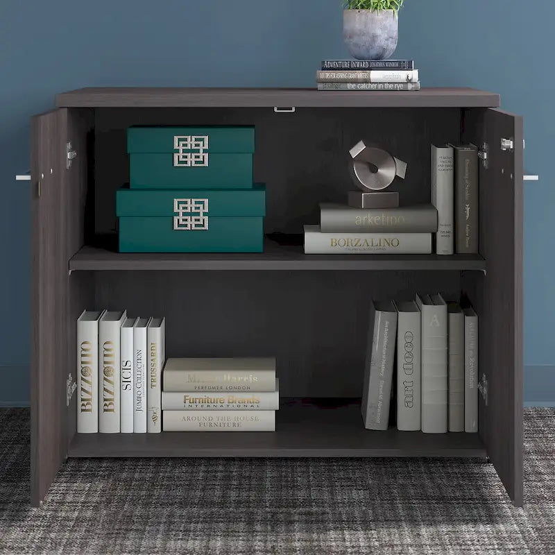 Tall Storage Cabinet with Doors Open Shelves Storm Gray Wood