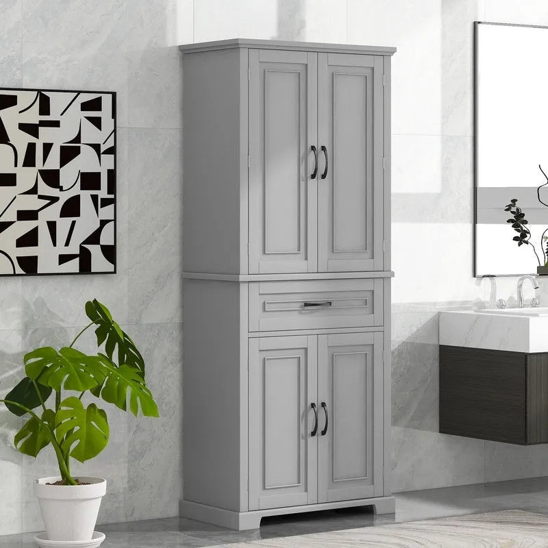 Tall Freestanding Bathroom Storage Cabinet with Doors Drawer Adjustable Shelves Grey
