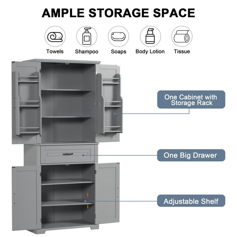 Tall Freestanding Bathroom Storage Cabinet with Doors Drawer Adjustable Shelves Grey