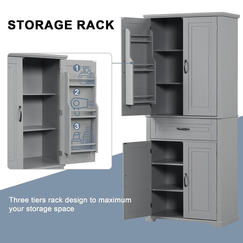 Tall Freestanding Bathroom Storage Cabinet with Doors Drawer Adjustable Shelves Grey