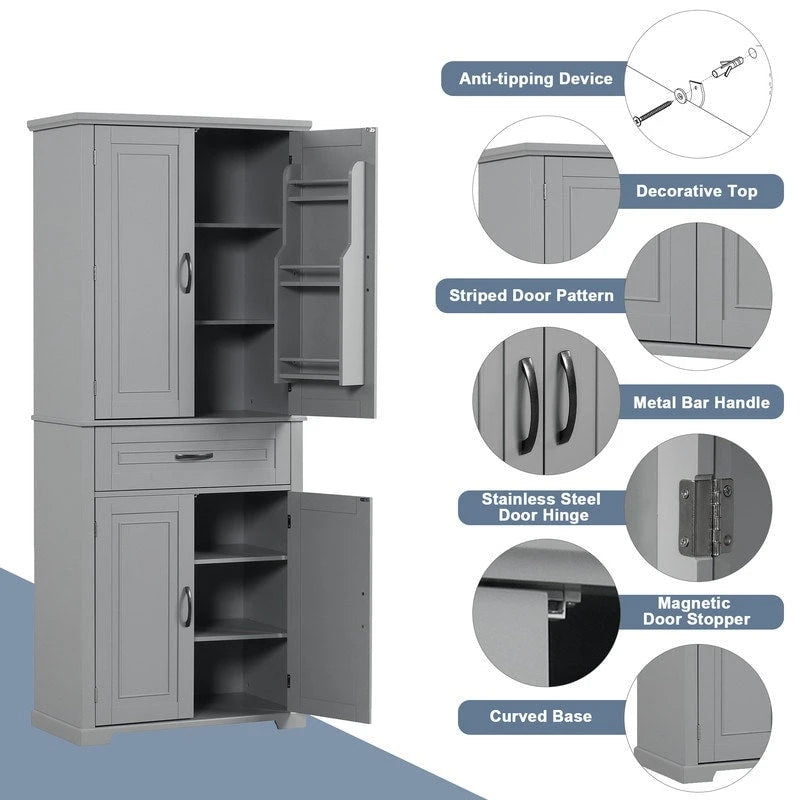 Tall Freestanding Bathroom Storage Cabinet with Doors Drawer Adjustable Shelves Grey