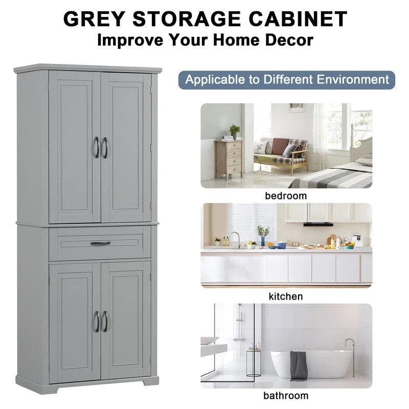 Tall Freestanding Bathroom Storage Cabinet with Doors Drawer Adjustable Shelves Grey