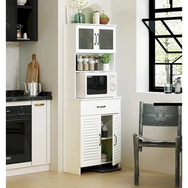 Tall Freestanding Storage Cabinet with Louver Doors Glass Doors and Drawer White