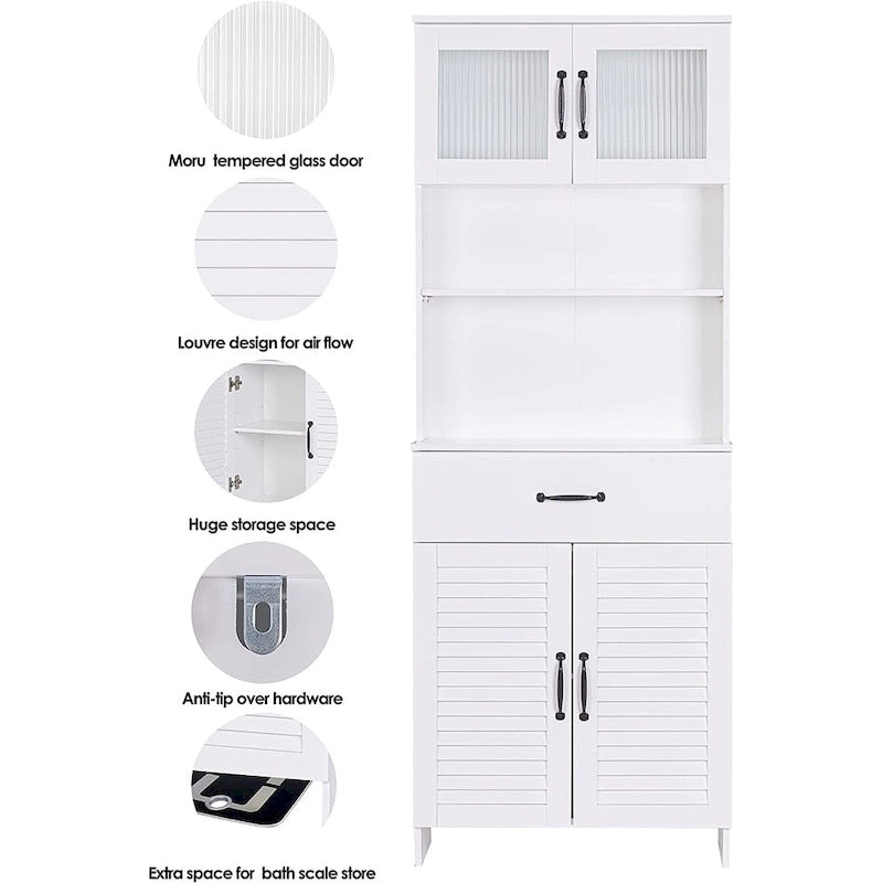 Tall Freestanding Storage Cabinet with Louver Doors Glass Doors and Drawer White