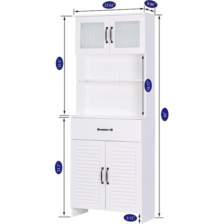 Tall Freestanding Storage Cabinet with Louver Doors Glass Doors and Drawer White