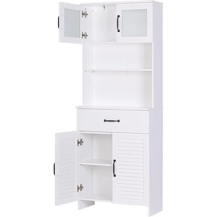 Tall Freestanding Storage Cabinet with Louver Doors Glass Doors and Drawer White