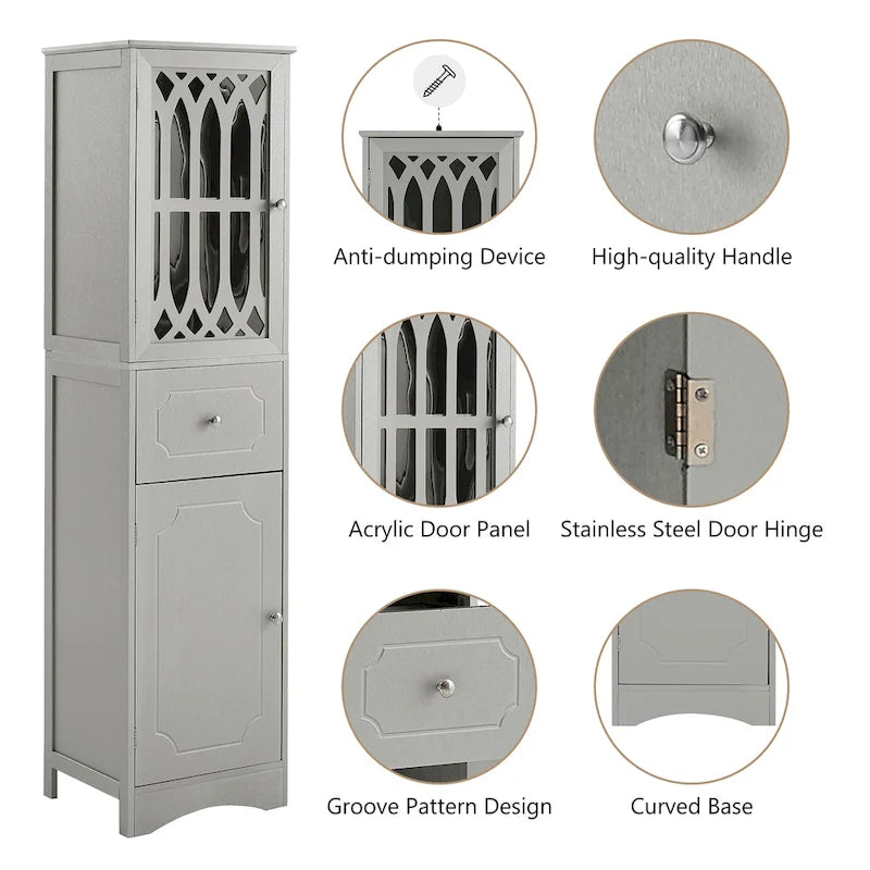 Slim Bathroom Storage Cabinet with Drawer and Acrylic Door