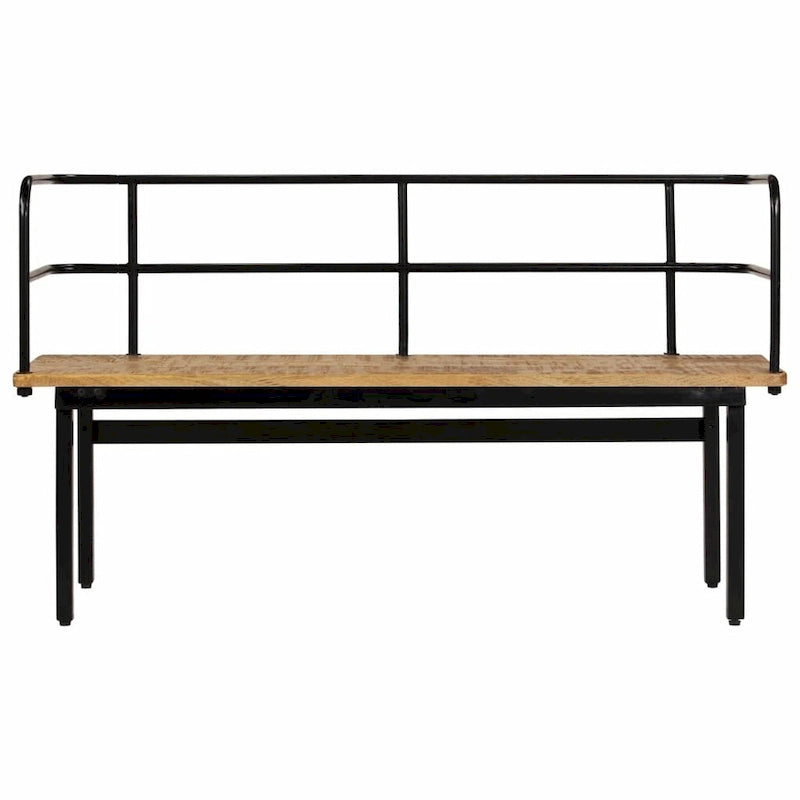 Solid Mango Wood Bench with Black Iron Back Frame Industrial Style