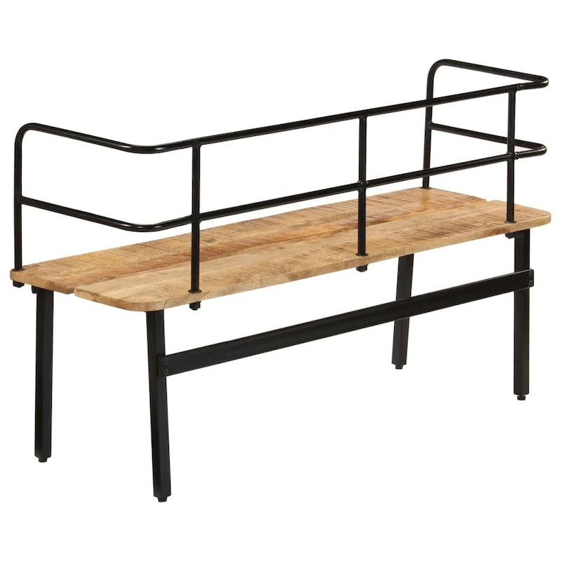 Solid Mango Wood Bench with Black Iron Back Frame Industrial Style