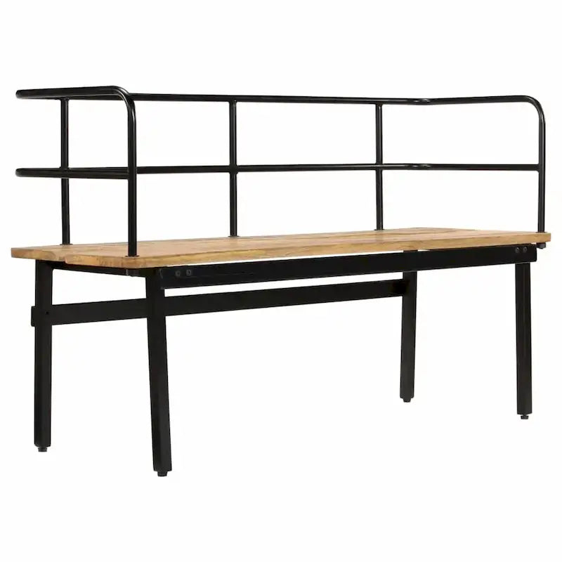 Solid Mango Wood Bench with Black Iron Back Frame Industrial Style