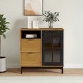 Solid Pine Wood Sideboard with Glass Door, Two Drawers, Brown Oak
