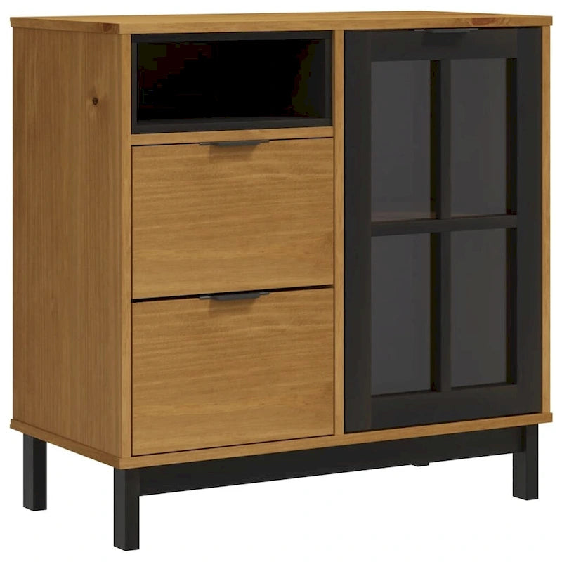 Solid Pine Wood Sideboard with Glass Door, Two Drawers, Brown Oak