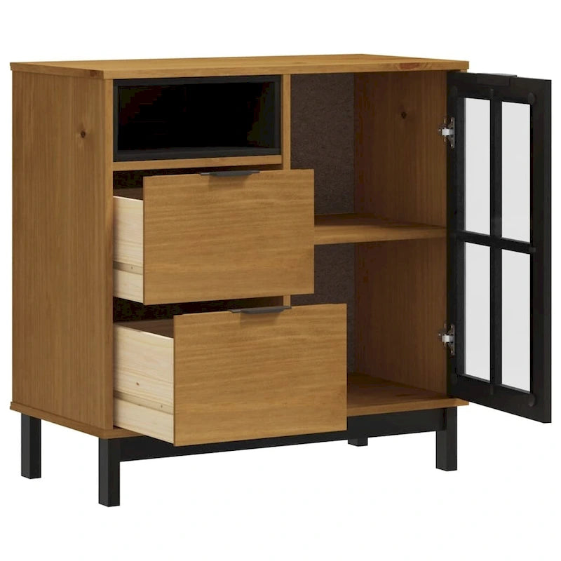 Solid Pine Wood Sideboard with Glass Door, Two Drawers, Brown Oak