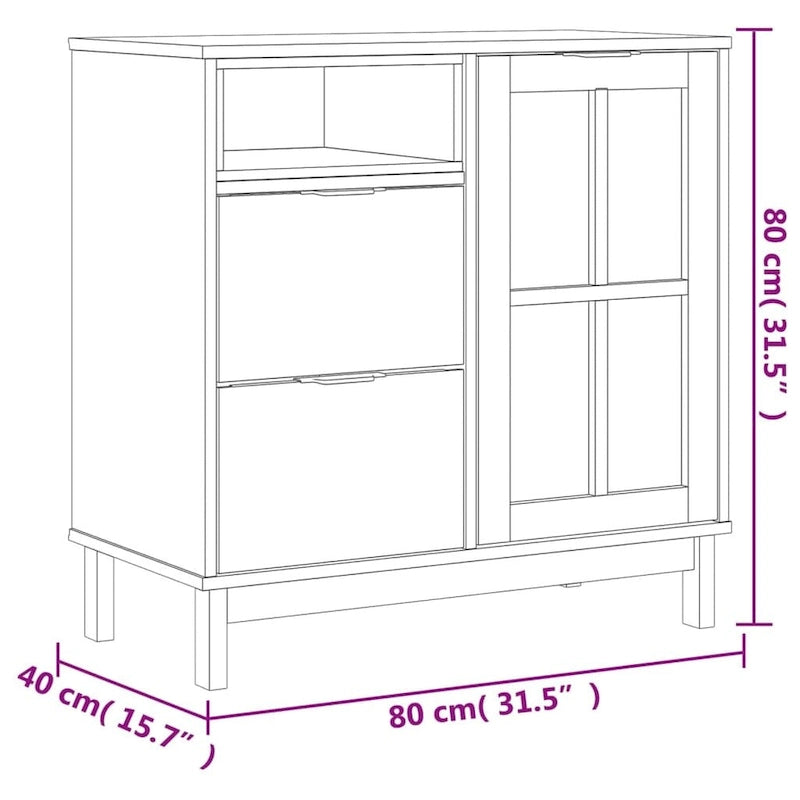 Solid Pine Wood Sideboard with Glass Door, Two Drawers, Brown Oak
