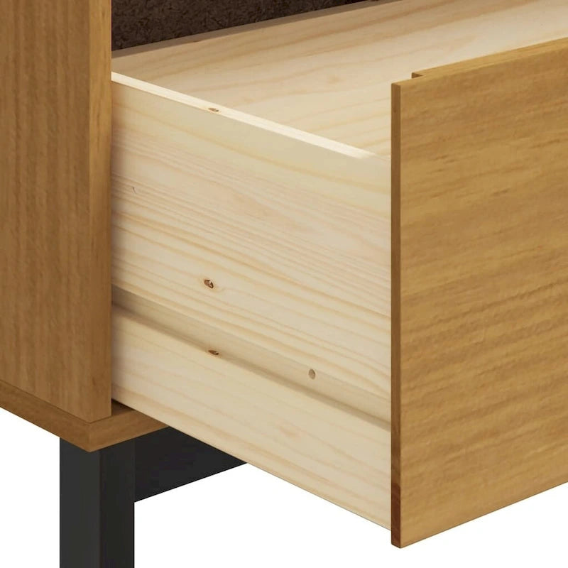Solid Pine Wood Sideboard with Glass Door, Two Drawers, Brown Oak