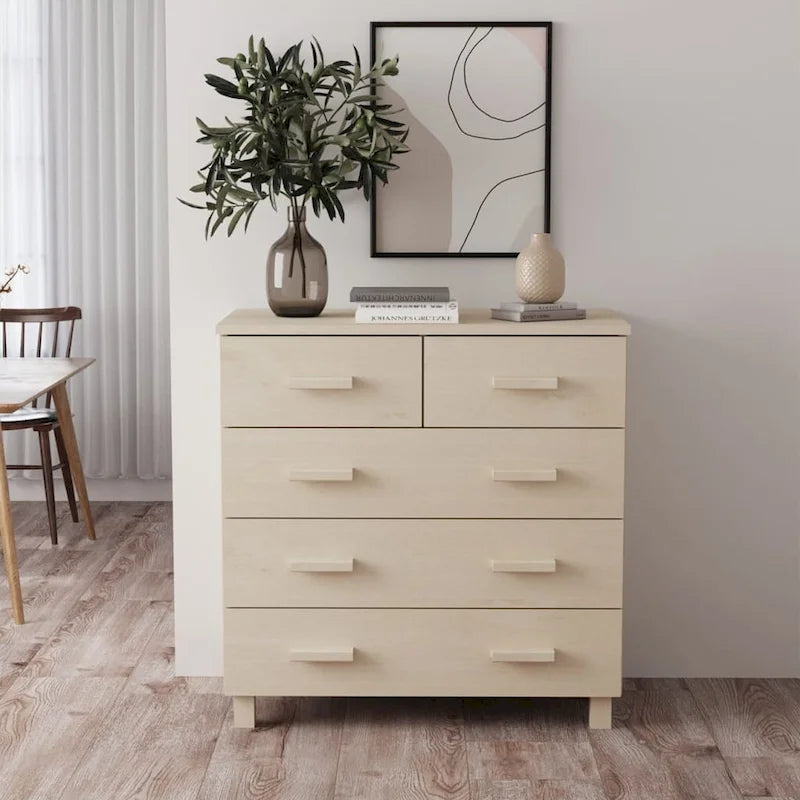 5-Drawer Solid Pine Wood Sideboard Buffet Console Cabinet with Wooden Handles, Natural White