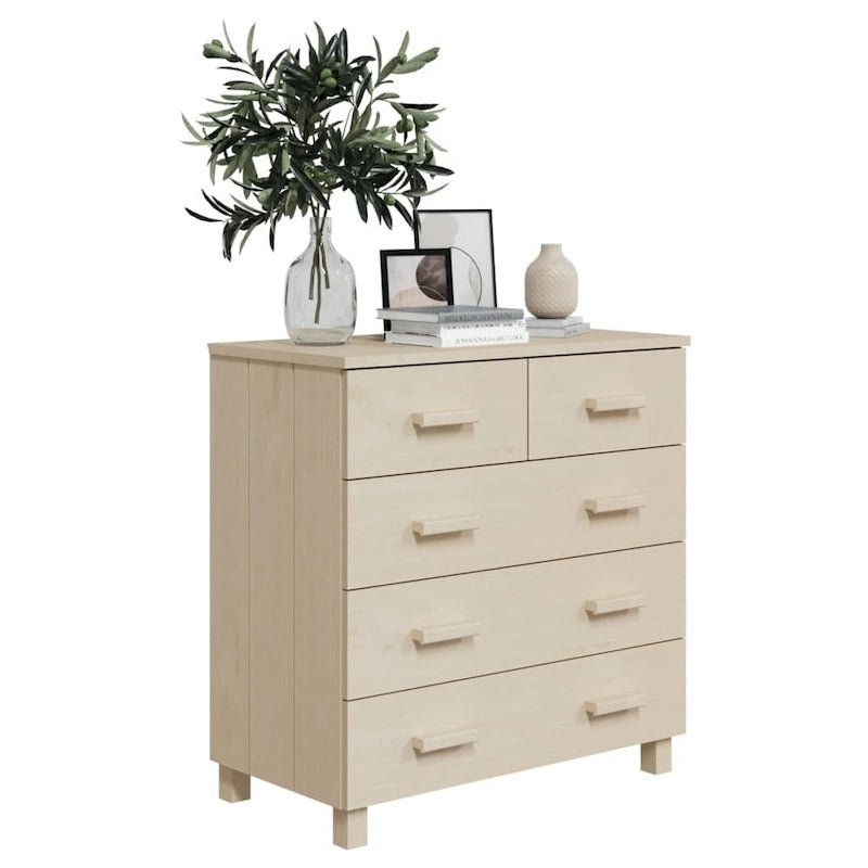 5-Drawer Solid Pine Wood Sideboard Buffet Console Cabinet with Wooden Handles, Natural White