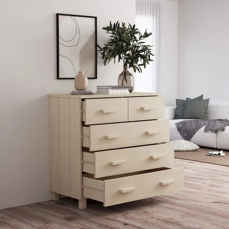 5-Drawer Solid Pine Wood Sideboard Buffet Console Cabinet with Wooden Handles, Natural White