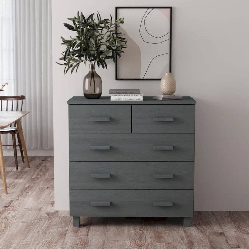 5-Drawer Solid Pine Wood Sideboard Buffet Console Cabinet with Wooden Handles, Natural White