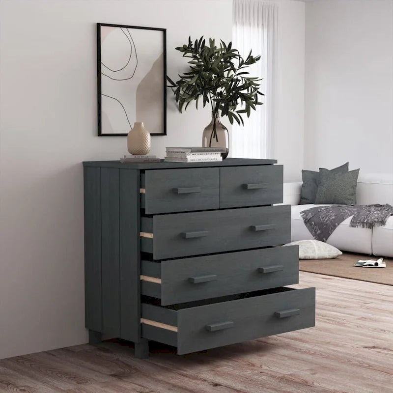 5-Drawer Solid Pine Wood Sideboard Buffet Console Cabinet with Wooden Handles, Natural White