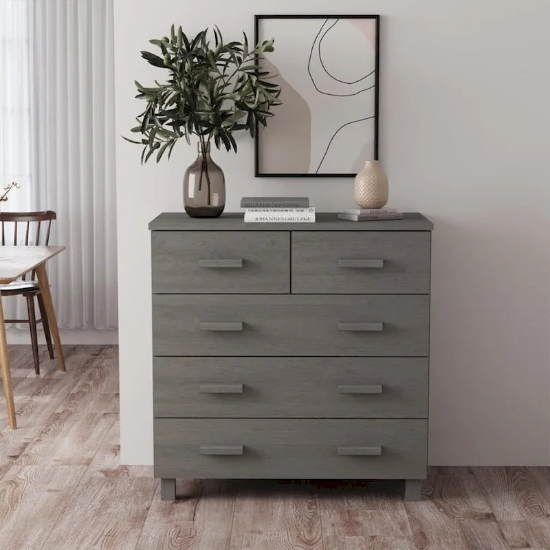 5-Drawer Solid Pine Wood Sideboard Buffet Console Cabinet with Wooden Handles, Natural White