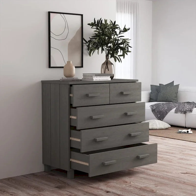 5-Drawer Solid Pine Wood Sideboard Buffet Console Cabinet with Wooden Handles, Natural White