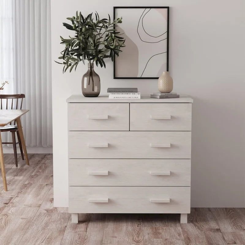 5-Drawer Solid Pine Wood Sideboard Buffet Console Cabinet with Wooden Handles, Natural White
