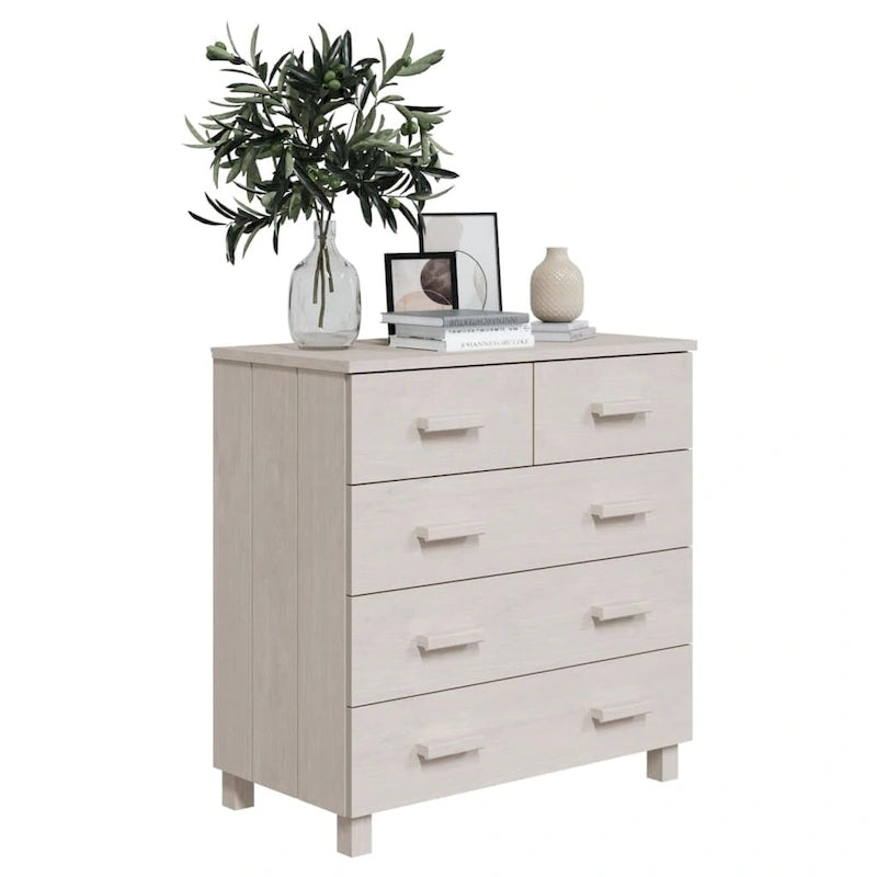 5-Drawer Solid Pine Wood Sideboard Buffet Console Cabinet with Wooden Handles, Natural White