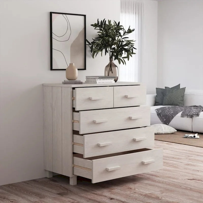 5-Drawer Solid Pine Wood Sideboard Buffet Console Cabinet with Wooden Handles, Natural White