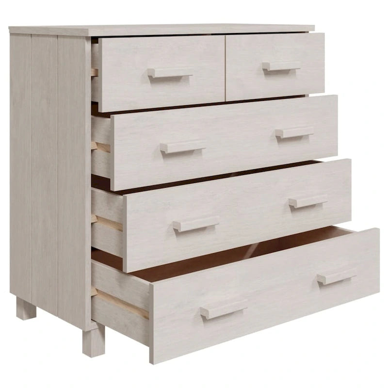 5-Drawer Solid Pine Wood Sideboard Buffet Console Cabinet with Wooden Handles, Natural White