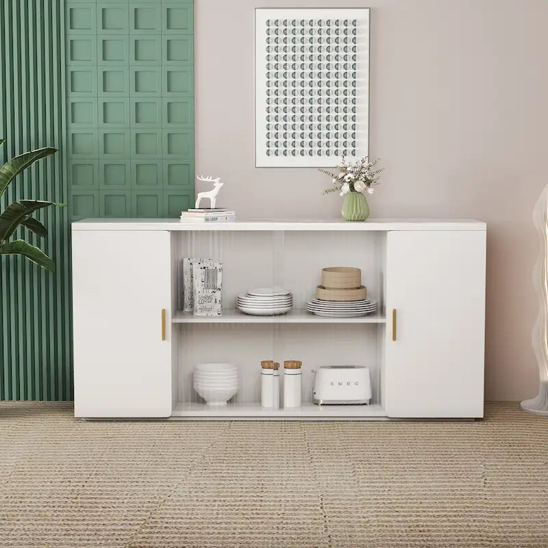 Wooden Sideboard Cabinet with 2 Solid Doors and Fluted Glass Door