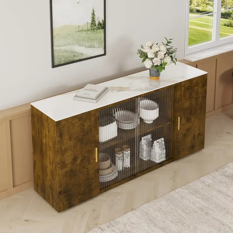 Wooden Sideboard Cabinet with 2 Solid Doors and Fluted Glass Door