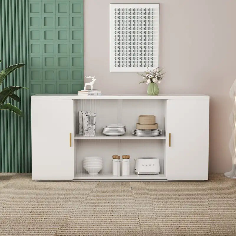 Wooden Sideboard Cabinet with 2 Solid Doors and Fluted Glass Door