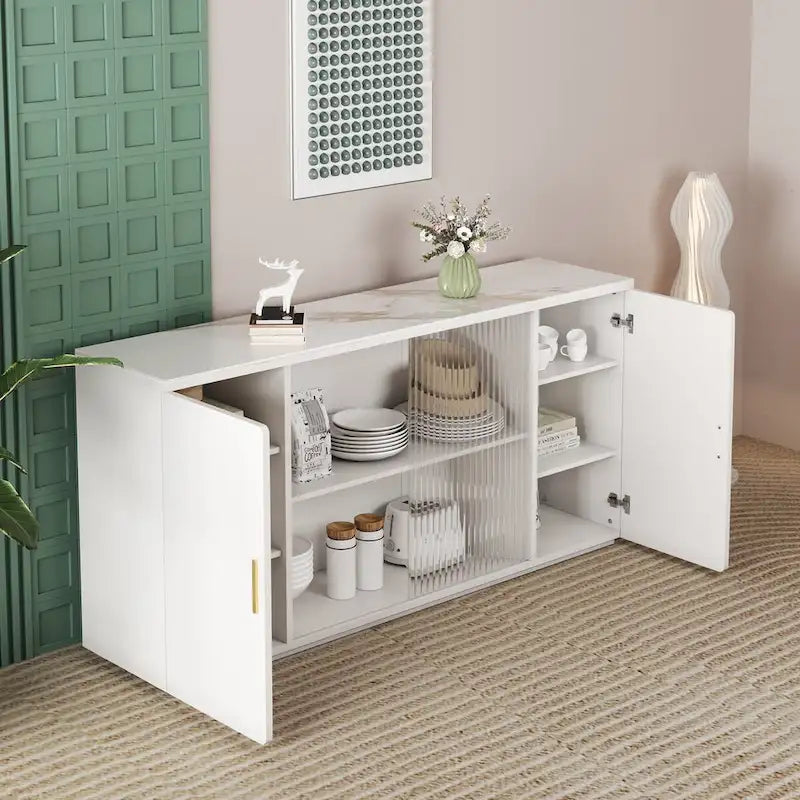 Wooden Sideboard Cabinet with 2 Solid Doors and Fluted Glass Door
